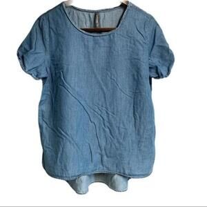 Massini Soft Short Sleeve Scoop Neck Denim Chambray Hi Lo Blue Blouse Top Medium